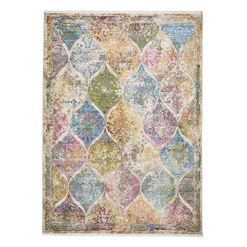 Athena 24021 Traditional Moroccan Tile Vintage Distressed Shimmer Soft-Touch Low Profile Short Pile Multicolour/Green/Blue/Pink Rug-Think Rugs-Rug Love - The Most Loved Rug Store